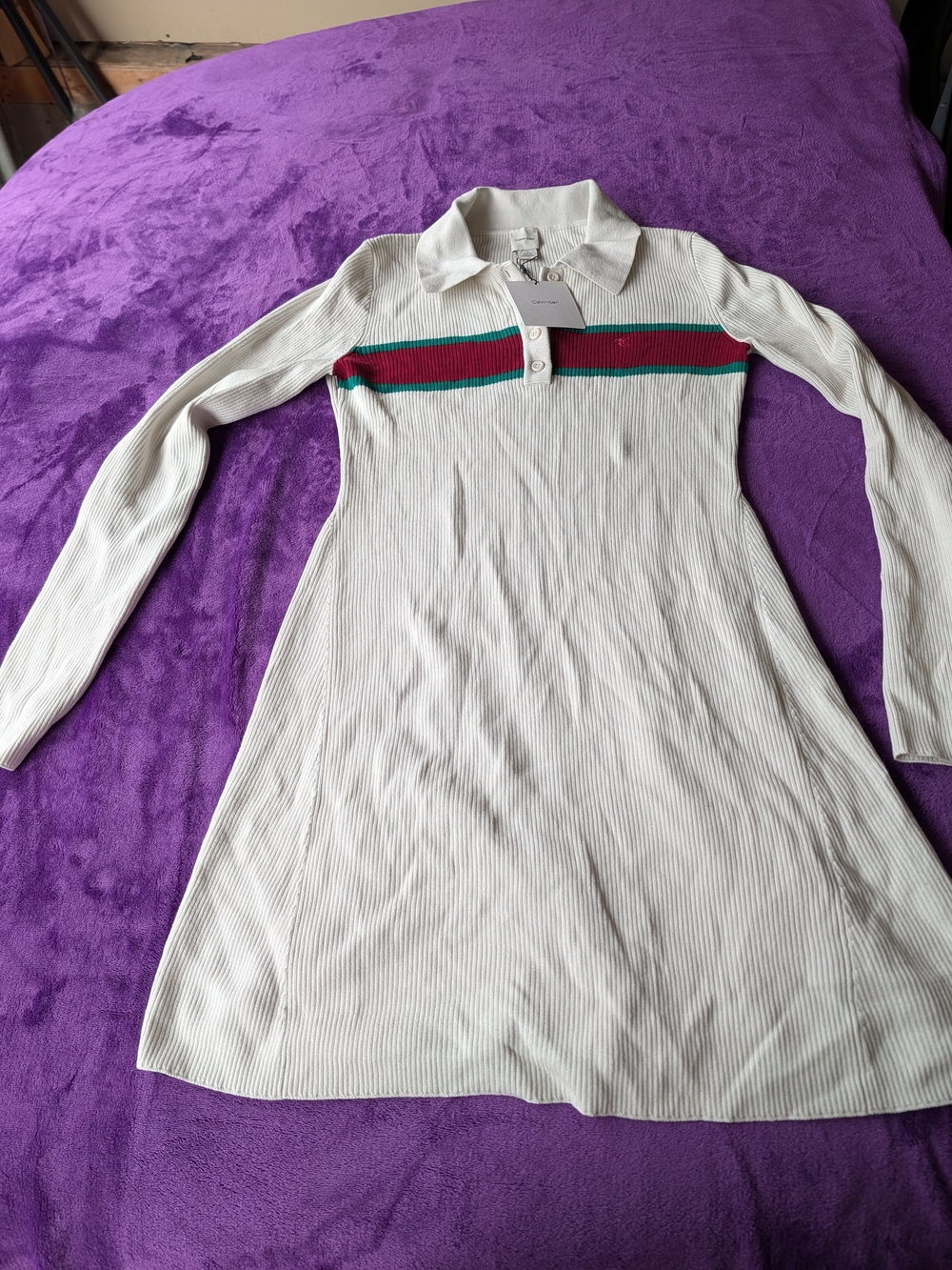 Ribbed Polo Long-Sleeve Dress in Cream with Red & Green Stripe